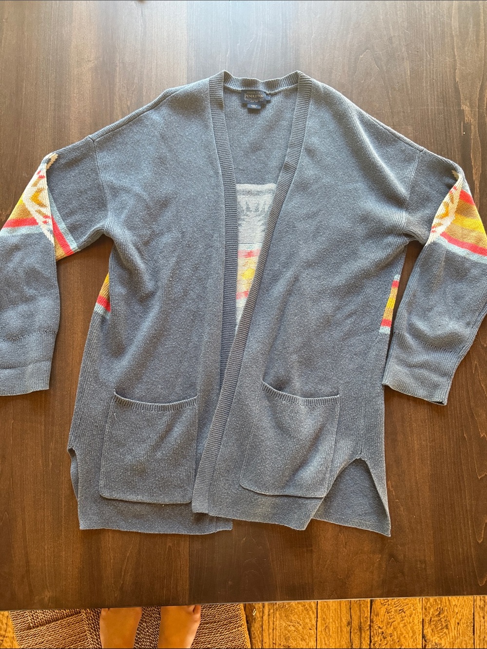 Pendleton Navy Open-Front Cardigan with Southwestern Sleeve Pattern